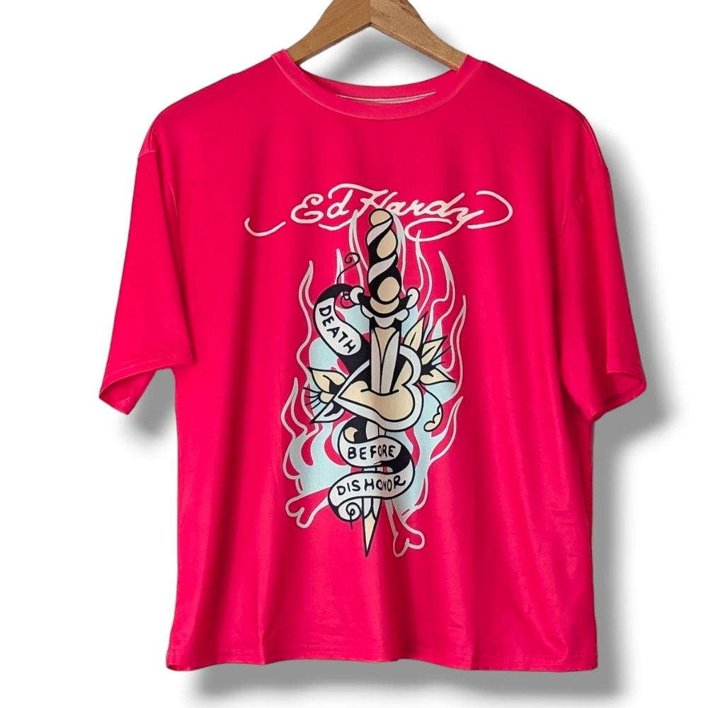 Ed Hardy Death Before Dishonor Slouchy Indie Sleaze Y2K Neon Top: Large
